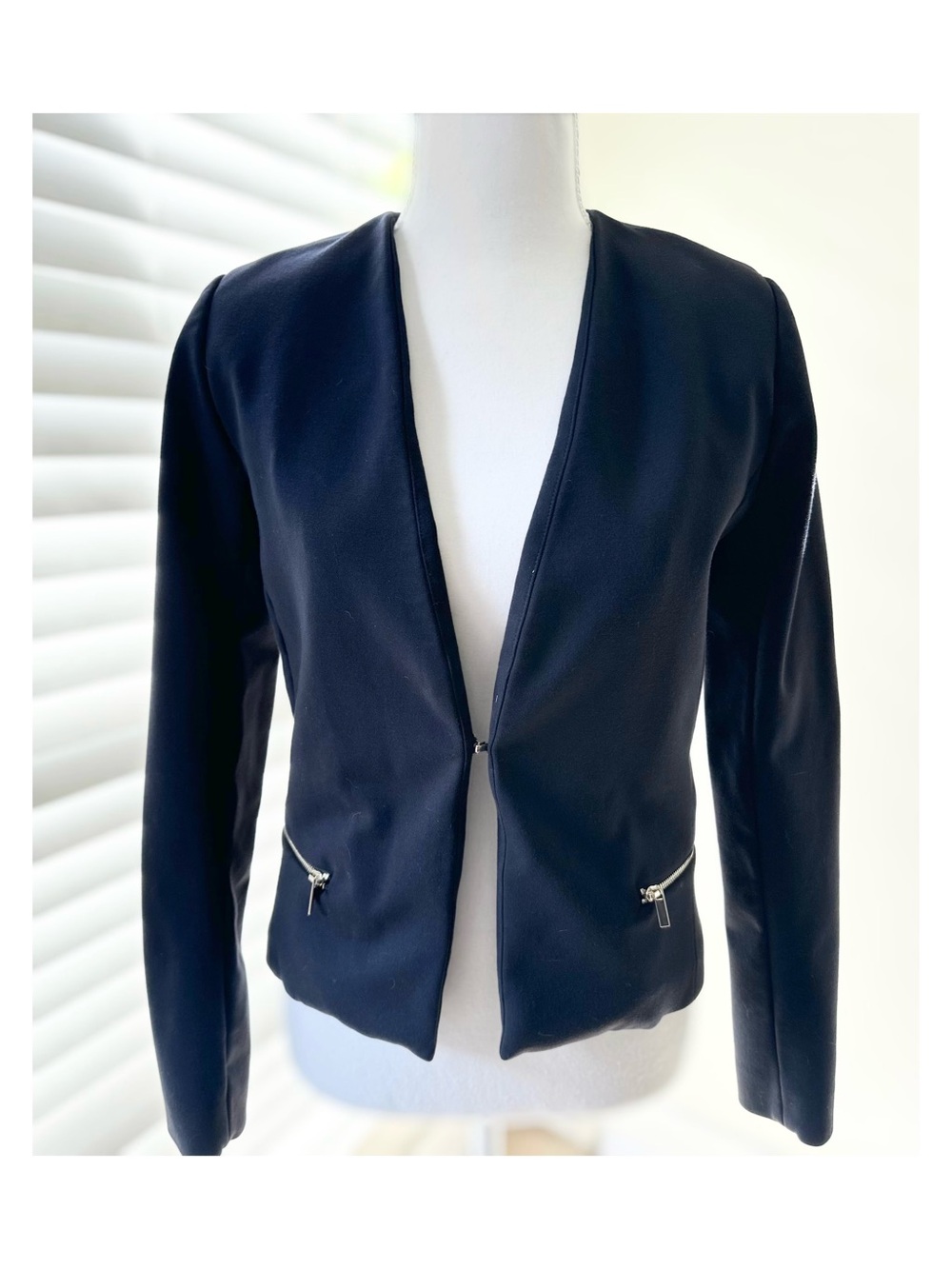 Simons Navy Open-Front Zip-Pocket Blazer